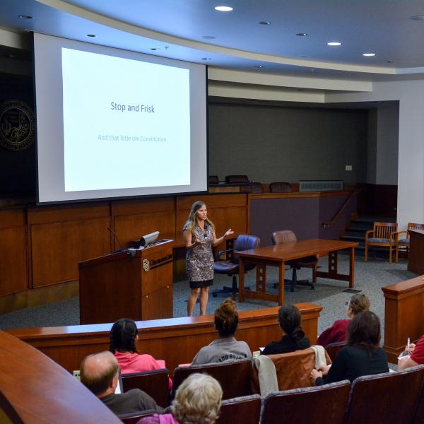 Woman presents at Mini Law School