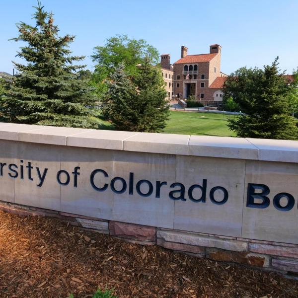 University of Colorado Boulder sign etched in stone near the University Memorial Center.