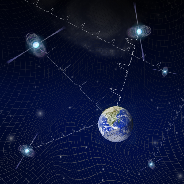 Graphic showing pulsar light traveling to Earth amid a sea of gravitational waves.