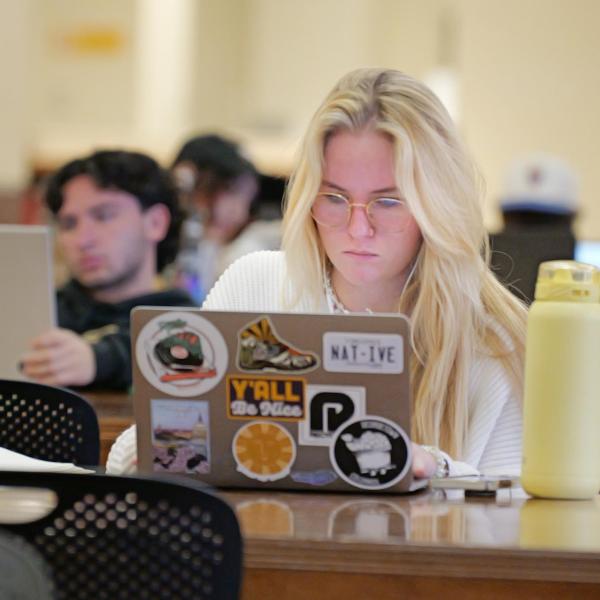 Students working on laptops in Norlin Library