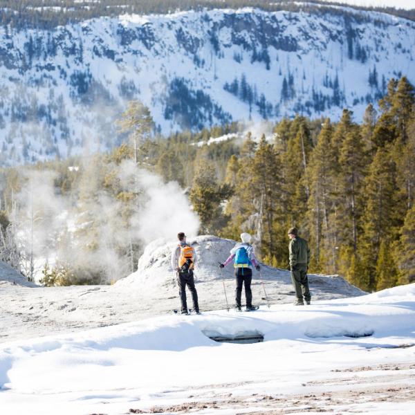 Snowshoeing on Old Faithful boardwalks