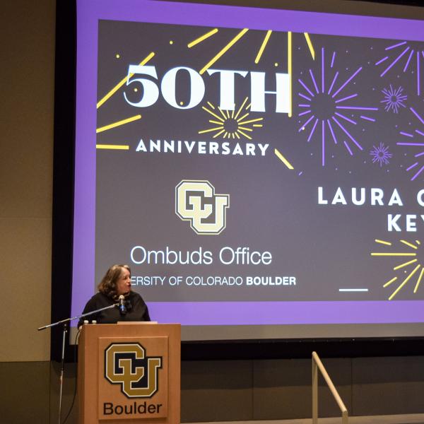 Laura Crawshaw presents during the Ombuds Office 50th anniversary celebration
