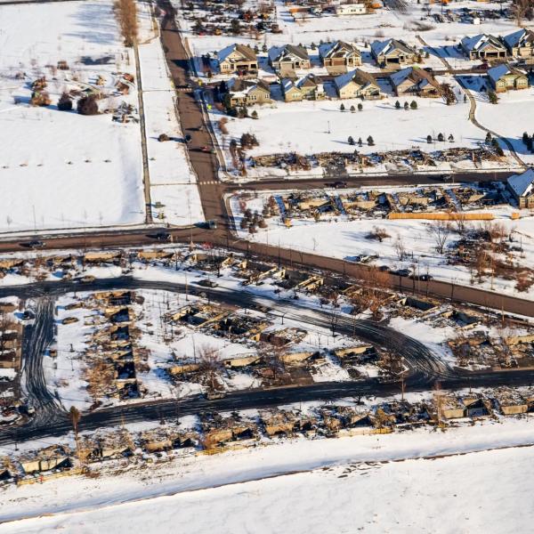 aerial view of the area affected by the Marshall Fire