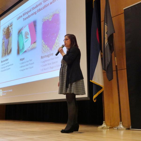 Paty Abril-Gonzalez (Holt) giving her first-place award-winning speech during the Three Minute Thesis Competition. Photo by Casey A. Cass.