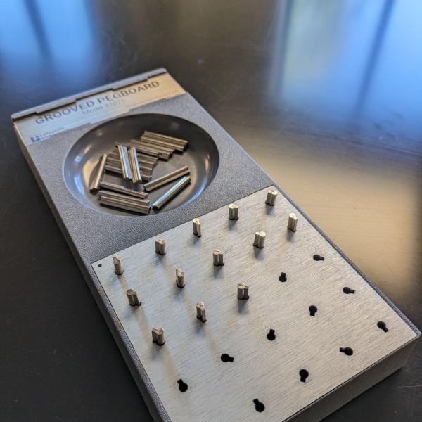 Pegboard with 25 holes and small, keyhole-shaped metal pegs