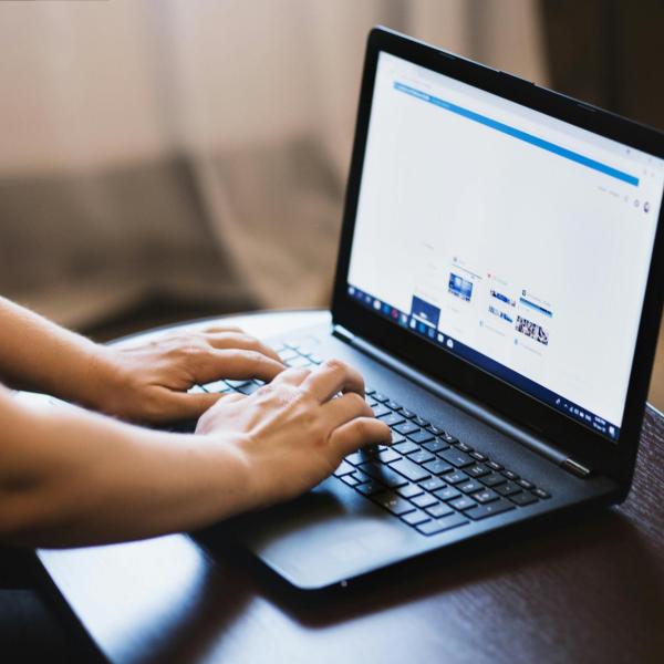 Posting on social media on a laptop.