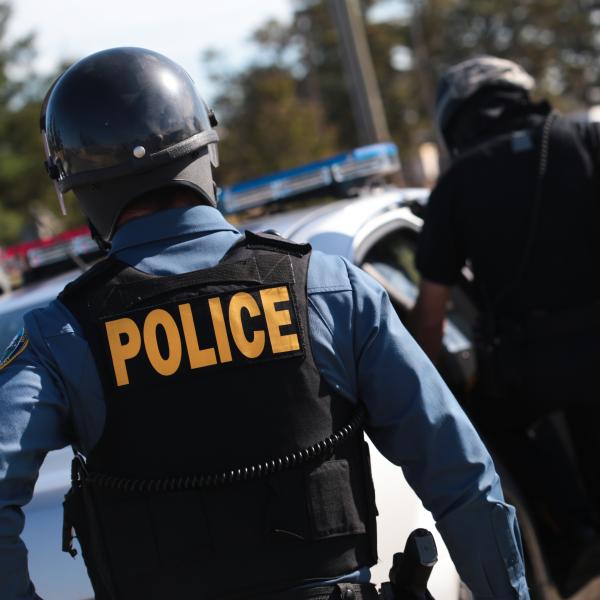 Policeman participate in active harmer exercise