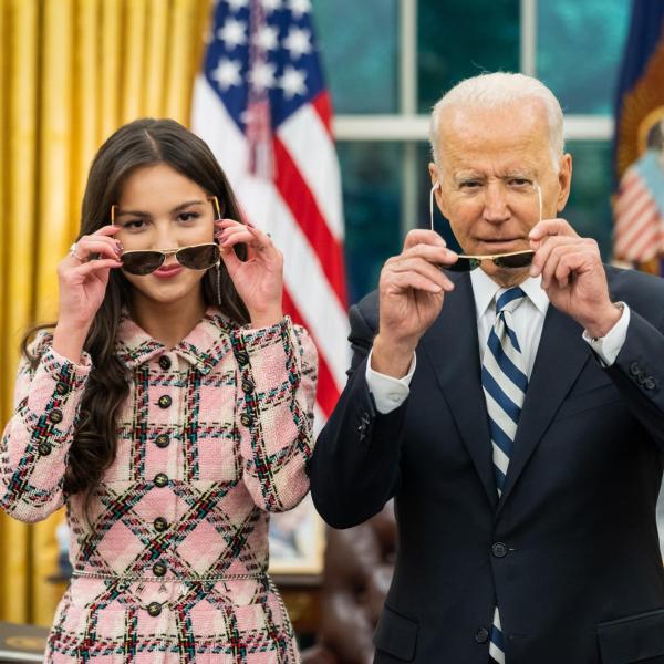 Joe Biden and Olivia Rodrigo removing sunglasses in the Oval Office