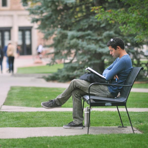 Stock image of someone sitting on a bench on the CU Boulder campus