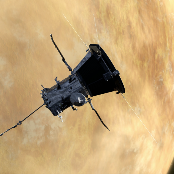 Illustration of spacecraft orbiting cloudy planet