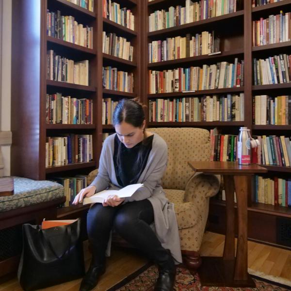 Deven Parker, a fifth-year graduate student in the English department, studies in the Hazel Gates Woodruff reading room.