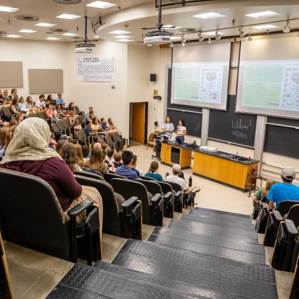 a class in a large lecture hall