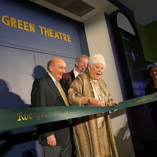 Roe Green Theatre ribbon cutting with alumna Roe Green and Chancellor Phil DiStefano
