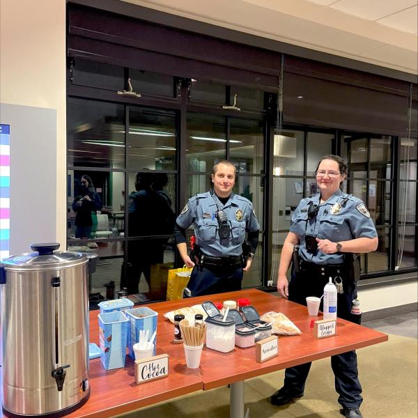 Residential service officers host a hot cocoa event during finals in fall semester 2023
