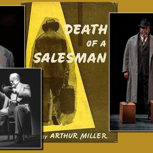 Death of a Salesman book cover and scenes from the movie and staged plays