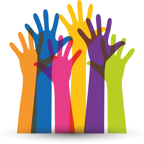 An illustration of colorful hands raised as if to speak