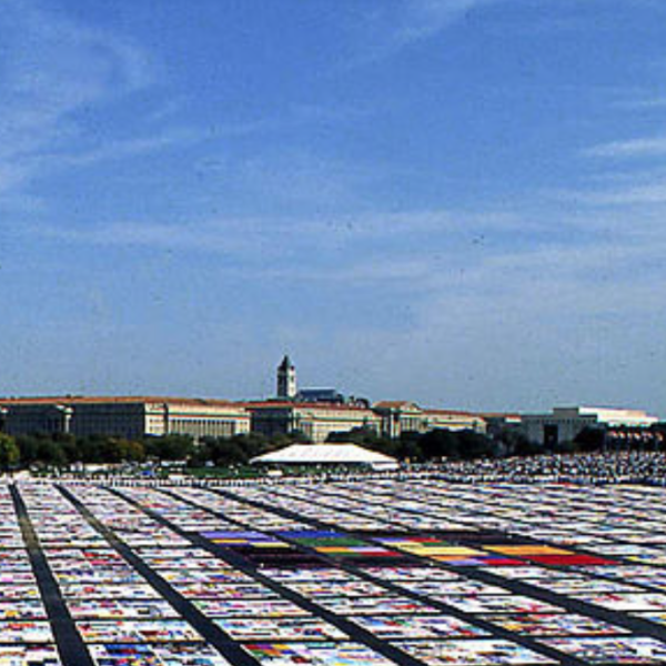 An image showing the HIV/AIDS quilt on the National Mall in the 1990s