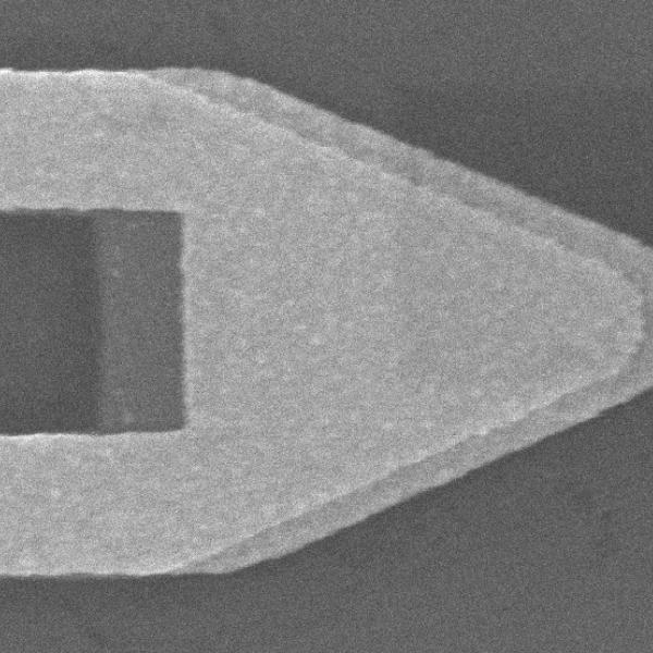 This scanning electron microscope image shows the distinct bow tie shape of an optical rectenna.