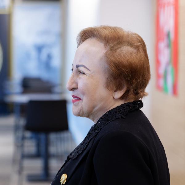 2003 Nobel Laureate Shirin Ebadi of Iran, greets guests before a screening of a biographical film about her and a Q&A after at the CASE building on April 7, 2023. (Photo by Glenn J. Asakawa/University of Colorado)