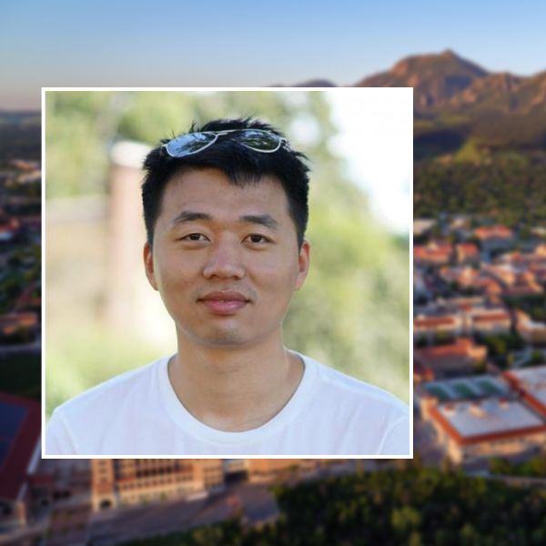 Shuo Sun's portrait over a scenic of the CU Boulder campus