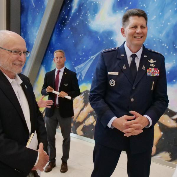 Gen. David Thompson, second in command of Space Force, touring the CU Boulder aerospace program with Provost Russ Moore in 2021.