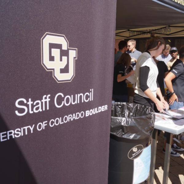 Staff Council banner on Dirk's patio at the Center for Community.