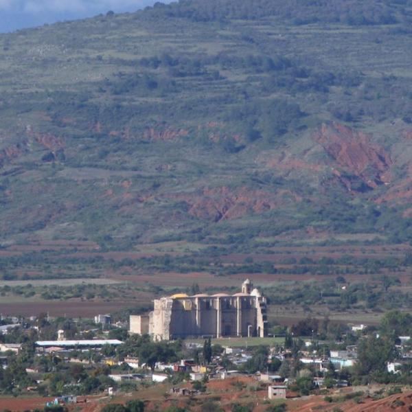 The town of Yanhuitlan with ancient mountaintop city of Cerro Jazmin in background (Oaxaca Highlands)