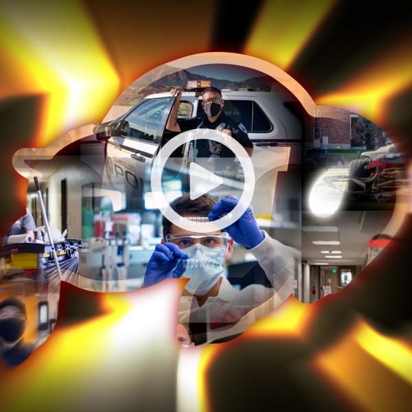 Collage image of scientist, police officer, more buffalo shape