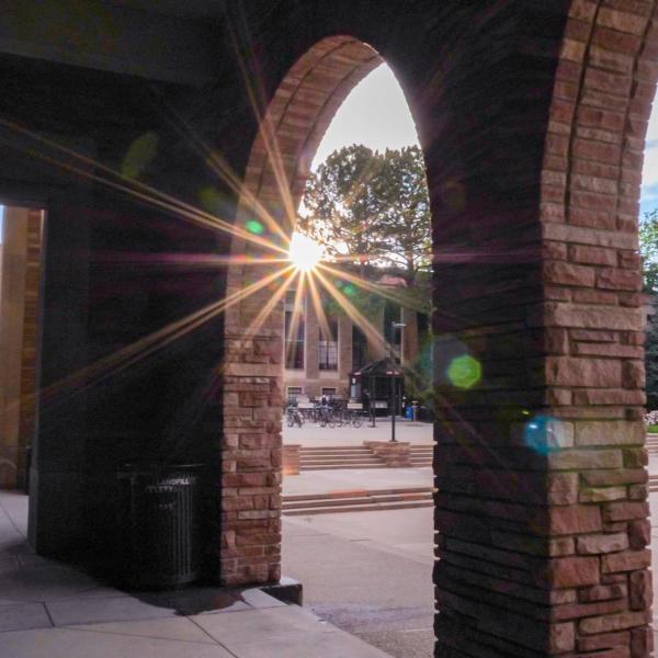 The Loggia area outside the University Memorial Center at sunset.