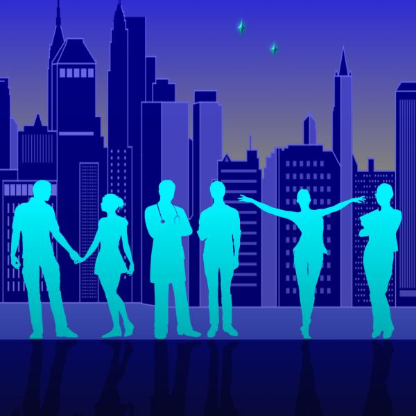 Silhouette of six people in front of the NYC skyline