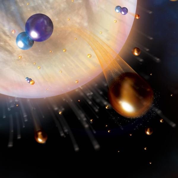 Illustration of Venus seen from space with colored spheres flying around