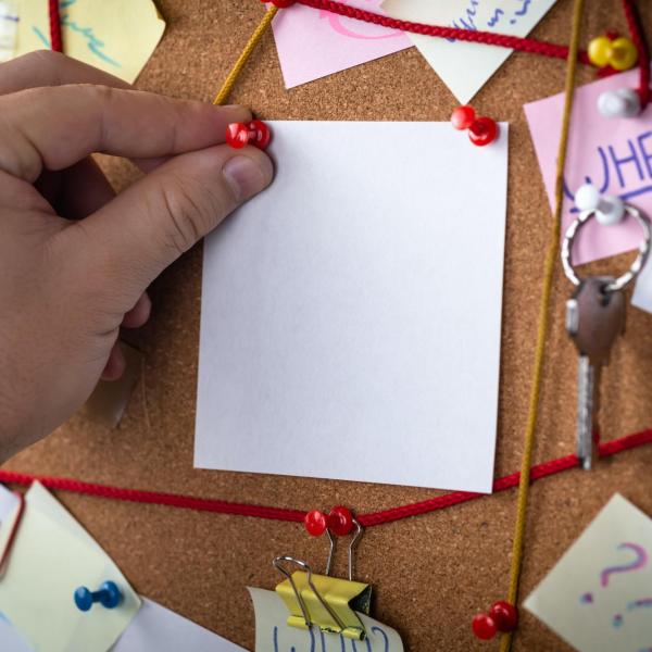 A bulletin board with a bland piece of paper. Photo by Volodymyr Hryshchenko on Unsplash