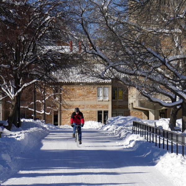 A cyclist braves the snow and ice after a snowstorm on the quad. (Photo by Patrick Campbell/University of Colorado)