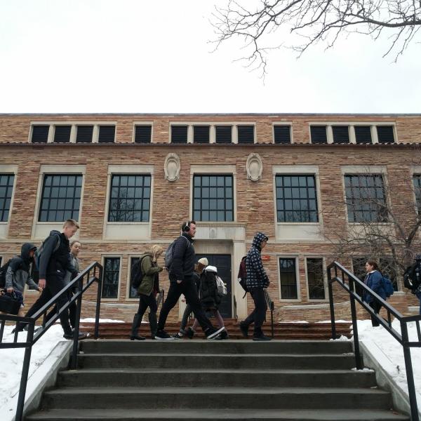 Students pass in front of Ketchum as they make their way to class. Photo by Patrick Campbell.