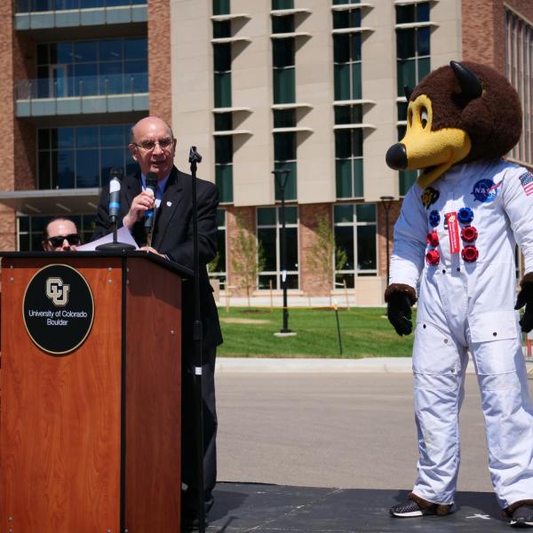 CU Boulder Chancellor Philip DiStefano, left, speaks at Monday's grand opening ceremony for the new Aerospace Engineering Sciences Building at CU Boulder. (Photo by Glenn Asakawa/CU Boulder)