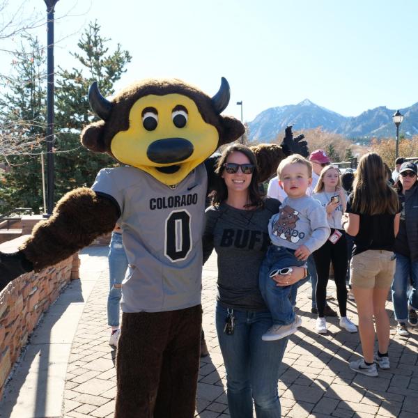 Chip greets fans during Homecoming weekend on the CU Boulder campus on Saturday, Nov. 9, 2019. (Photo by Glenn Asakawa/University of Colorado)