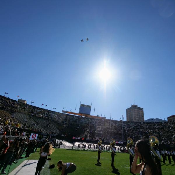 Jets perform a flyover during pre-game ceremonies at Folsom Field on Saturday, Nov. 9, 2019. (Photo by Glenn Asakawa/University of Colorado)