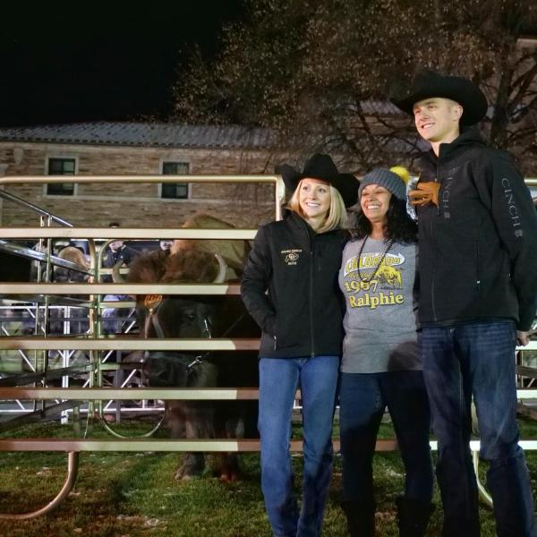 People take photos with the retiring Ralphie V ahead of Colorado's game against Washington on Saturday, Nov. 23, 2019. (Photo by Glenn Asakawa/University of Colorado)