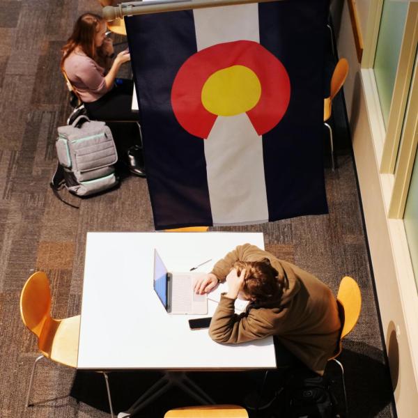 Students study on campus on the first day of the spring 2020 semester at CU Boulder. (Photo by Glenn Asakawa/University of Colorado)