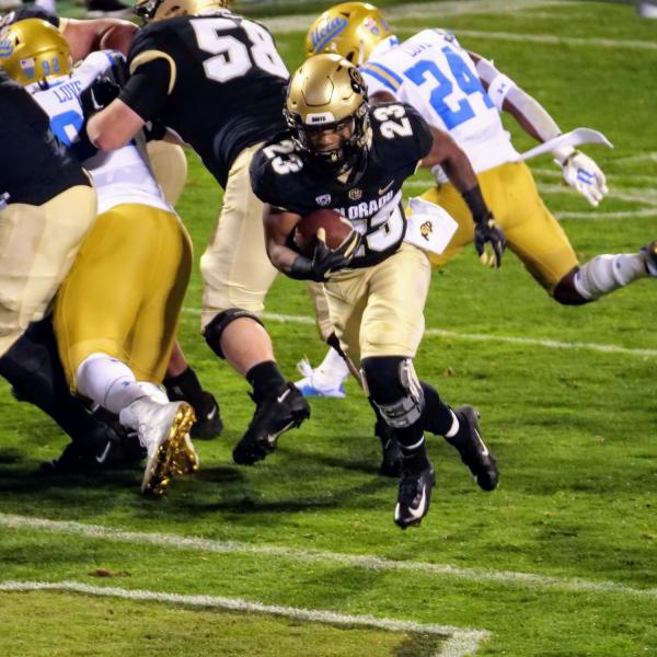 Colorado tailback Jarek Broussard scores a touchdown for the Buffs. (Photo by Glenn Asakawa/University of Colorado)