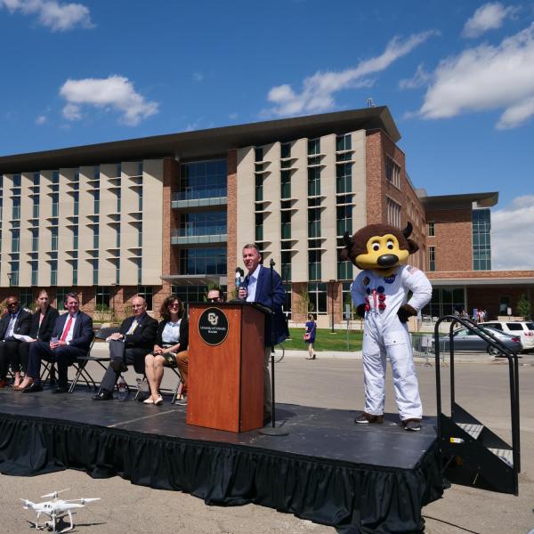 Bobby Braun, dean of the College of Engineering, speaks during a ribbon-cutting ceremony at the new Aerospace Engineering Sciences Building at CU Boulder. (Photo by Glenn Asakawa/CU Boulder)