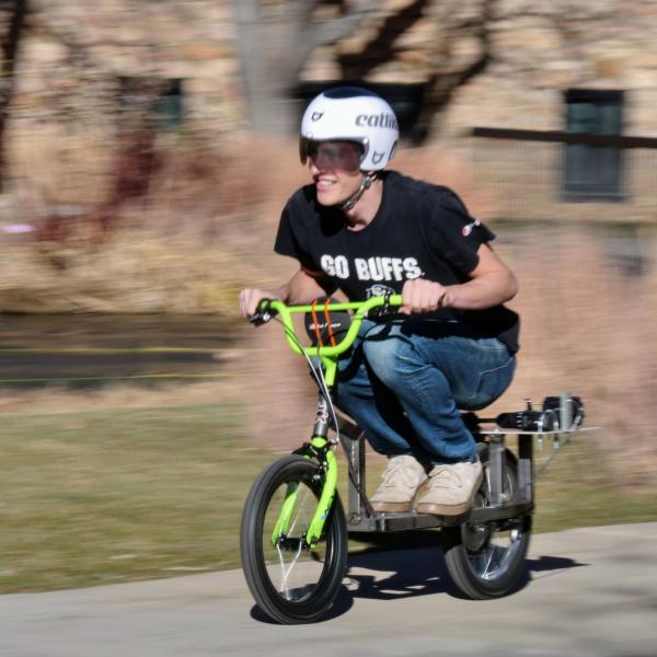 Noah Granigan of Cape May, New Jersey, competes in the distance contest on his drill-powered vehicle.