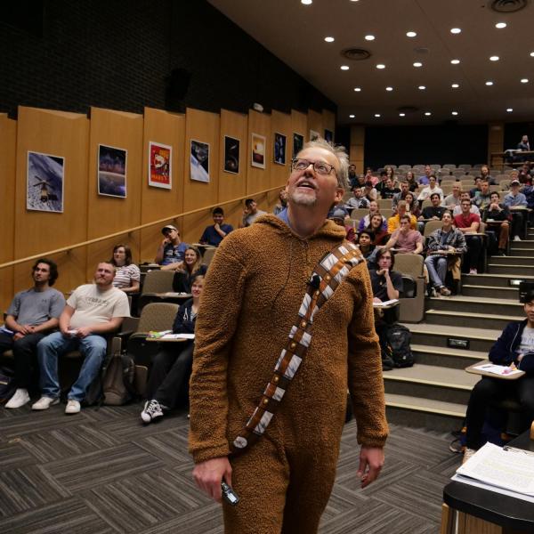 Pathways to Space instructor Chris Koehler sports a wookie costume in the kickoff to the first class of the semester. Photo by Glenn Asakawa.