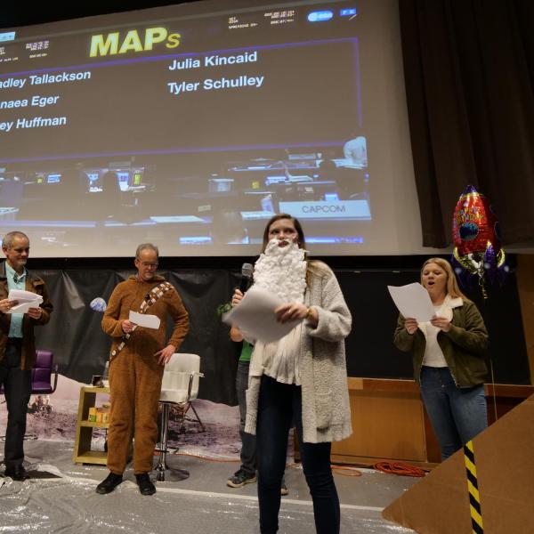 Students and instructors do a Material Application Performance to illustrate a moment in history on the kickoff to the Pathways to Space class. Photo by Glenn Asakawa.
