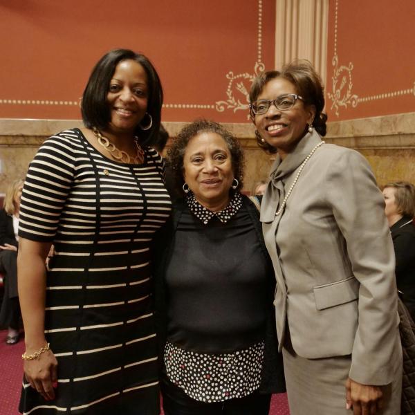 State Senator Rhonda Fields, right, poses with CU Professor Polly McLean, center, and Kathy Nesbitt, CU system vice president for employee and information services.
