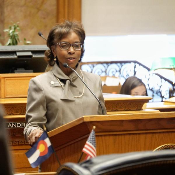 State Senator Rhonda Fields provides a tribute on the senate floor in honor of Lucille Buchanan.