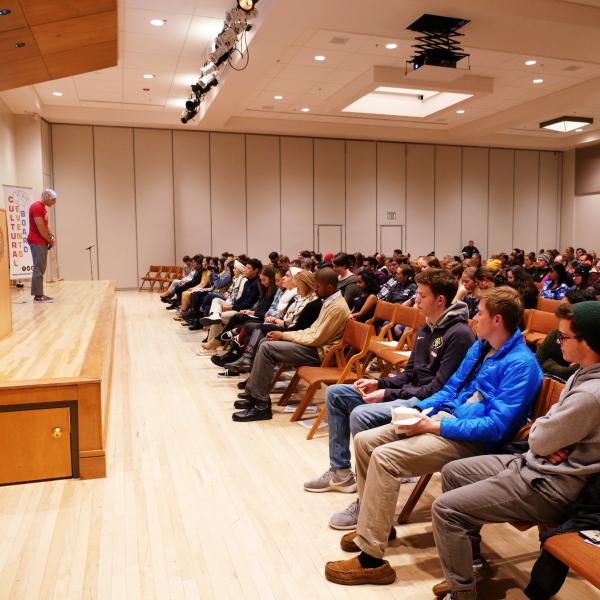 Suicide survivor and prevention advocate Kevin Hines speaks on campus. Photo by Glenn Asakawa.