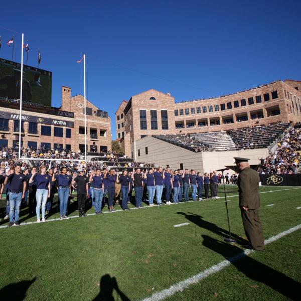 Fifty new recruits from the state of Colorado are sworn in to their respective military services during the first half of the Colorado-Stanford football game at Folsom Field on Saturday, Nov. 9, 2019. (Photo by Glenn Asakawa/University of Colorado)
