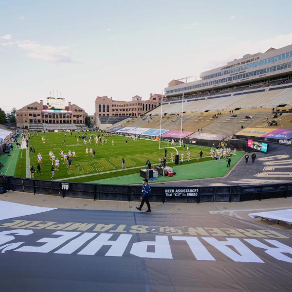 A reduced-capacity Folsom Field plays host to the Colorado-UCLA football game on Saturday, Nov. 7, 2020. (Photo by Glenn Asakawa/University of Colorado)