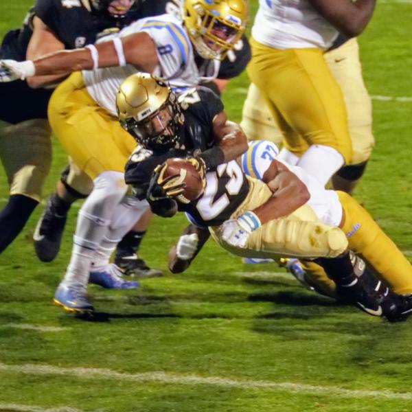 Colorado tailback Jarek Broussard scores the season’s first touchdown for the Buffs. (Photo by Glenn Asakawa/University of Colorado)